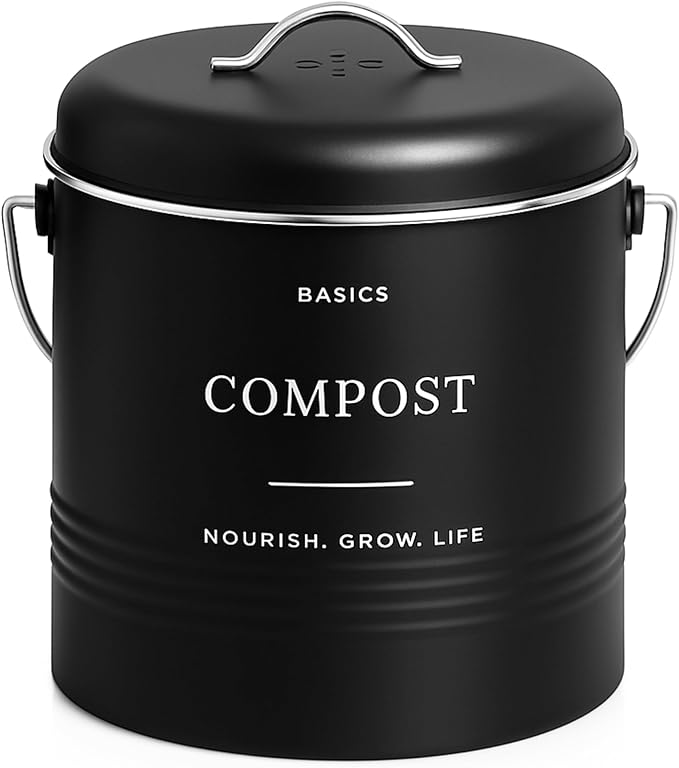D'Lifeful Kitchen Compost Bin – 1.3 Gallon Countertop Farmhouse Compost Container with Lid – Odorless Indoor Food Scrap Pail with 6 Charcoal Filters – Eco-Conscious and Easy to Clean - Black