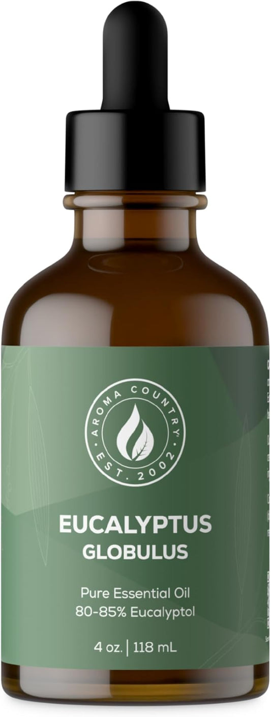 Aroma Country 100% Pure Eucalyptus Essential Oil – Organic & Undiluted Diffuser Oil, Humidifier, Steam Room & Shower Aromatherapy – Natural, Therapeutic Grade Oil for Skin, Sauna, & Home (4 Fl. oz)