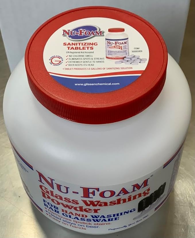 Nu-Foam Glass Washing Powder - Detergent for Bar Glassware – Original Streak-Free Solution - Hand Washing Bar, Tavern, Brewery Supplies - Spotless Serving Glasses - Easy On Hands - 4 Lb Jar