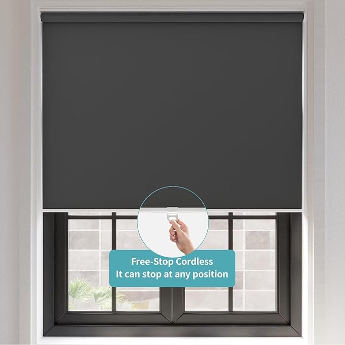 MYshade Blackout Cordless Roller Shades, Room Darkening Free-Stop Roll Up Blinds for Windows, Pull Down Blocking Blind for Home and Office, Easy to Install, 39" X 72", Black