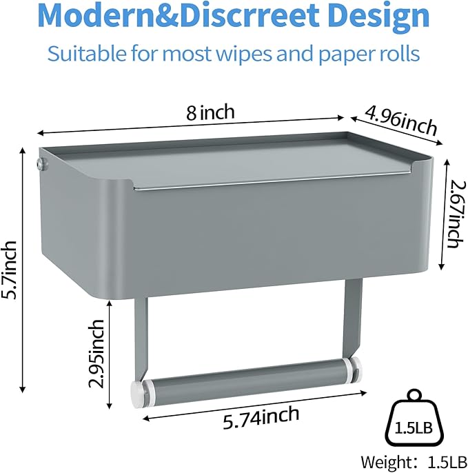 JUYSON Toilet Paper Holder with Shelf, Flushable Wipes Dispenser Fits for Bathroom Wipe Storage, Keep Your Wipes Hidden Out of Sight - SUS304 Stainless Steel Wall Mount Organizer (Grey)