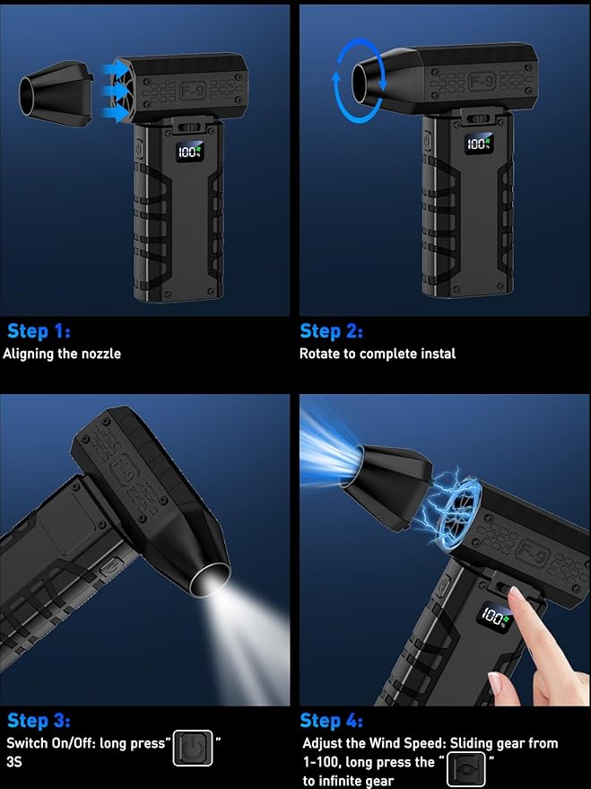 Compressed Air Duster 130000RPM Electric Duster with LED Light, 100 Gear Adjustable Rechargeable Cordless Air Blower Cleaning Tool for Keyboard,Electronic Devices,Car, Christmas Gifts for Men (Black)