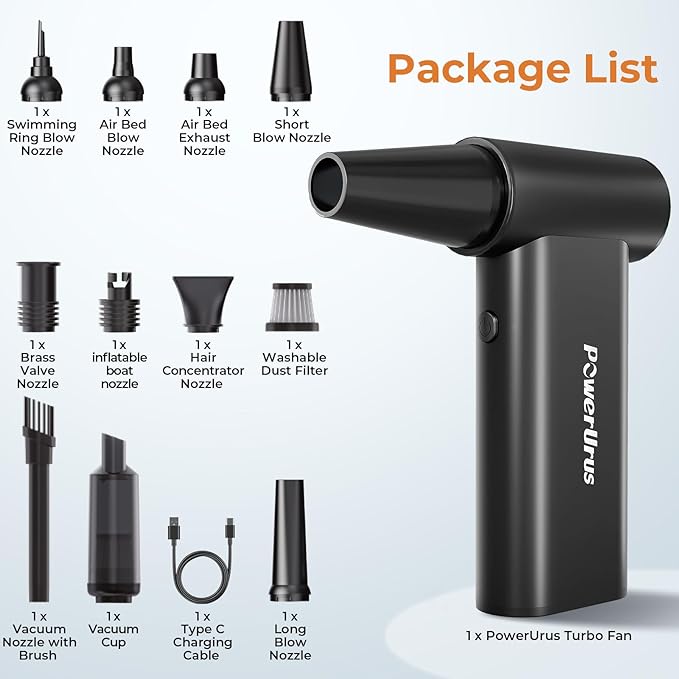 Compressed Air Duster, PowerUrus 200000RPM Electric Air Duster with Brushless Motor, 4-Gear Adjustable Cordless Air Blower, 8000mAh Rechargeable Air Duster for Keyboard, PC, Outdoor and Home Cleaning