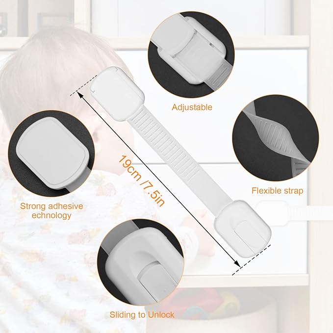 Child Safety Strap Locks 12 Pack Child Safety Locks Baby Proofing Drawers Locks Coolrunner Child Locks for Drawers, Cabinets, Dishwasher, No Tools or Drilling Required (White)