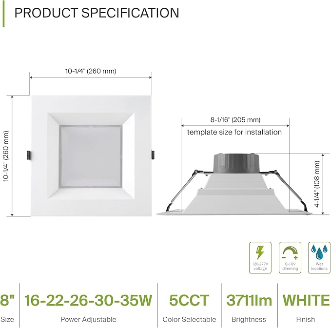 ASD Commercial LED Downlight 8 Inch, Square Power Adjustable Downlights 16/22/26/30/35W, Canless LED Recessed Lighting 120-277V, 5 CCT 2700K-5000K, Dimmable Ceiling Light Fixture, IC Rated, White ETL