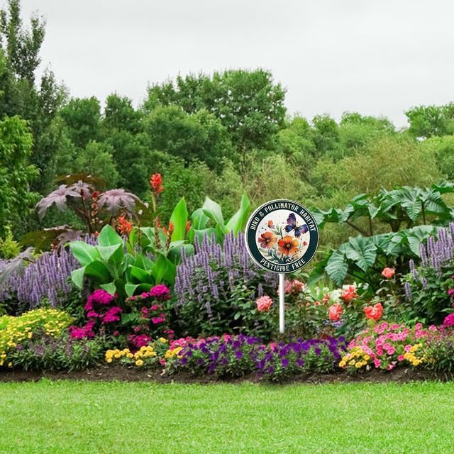 Bidesign Round (9.2X9.2) IN Bird And Pollinator Habitat Pestiside Free Yard Sign with Stake Rustproof Aluminum Butterfly Lawn Signs Stand for Home Garden Yard Decorations Outdoor