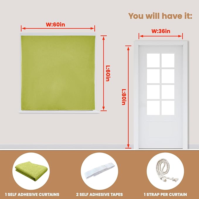 100% Blackout Curtain,Adhesive Curtain,Black Out Window Cover No Drilling Travel Kit,Perfect for Media Rooms, Dormitories and Renters (Fruit Green - W60 × L60 in)