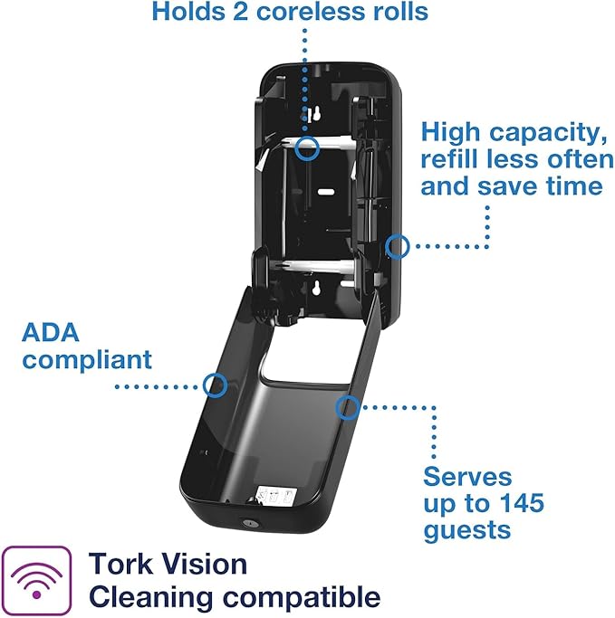 Tork OptiServe 2-Roll Coreless Toilet Paper Dispenser Black T7/T5, Vertical Dispenser, Elevation Design + Tork OptiServe Coreless Toilet Paper White T7, Universal, 2 Ply, 36 x 1000 Sheets