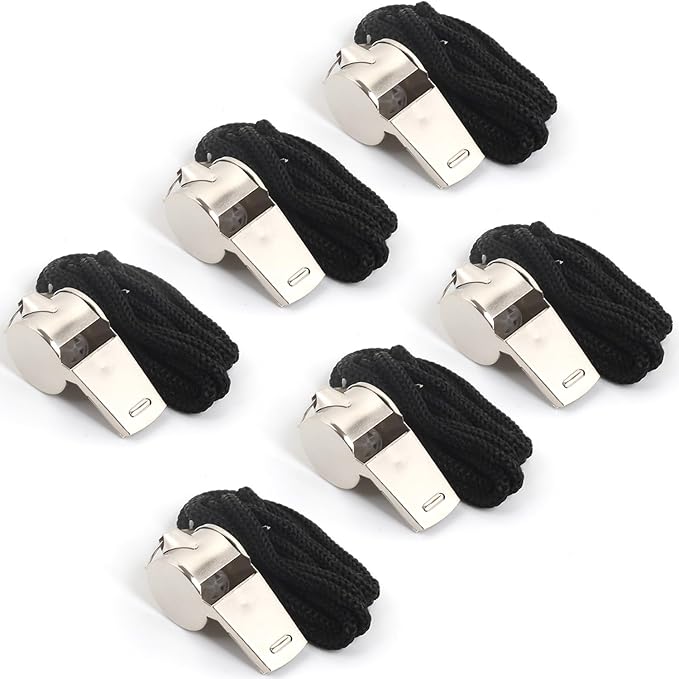 6Pack Stainless Steel Whistle with Lanyard, Loud Crisp Sound Whistle Ideal for Coaches, Referees, and Official