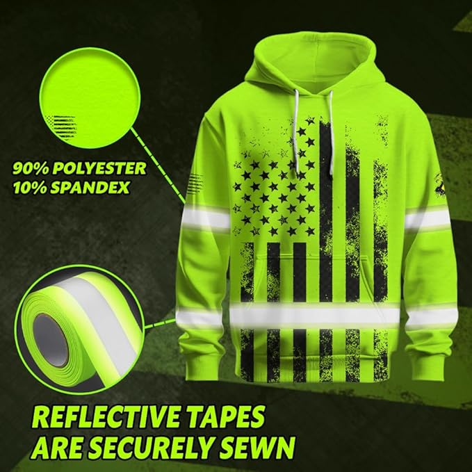 Color US Flag High Visibility Hoodie for Men Women Reflective Tapes Safety Workwear for Worker Runner Patriotic