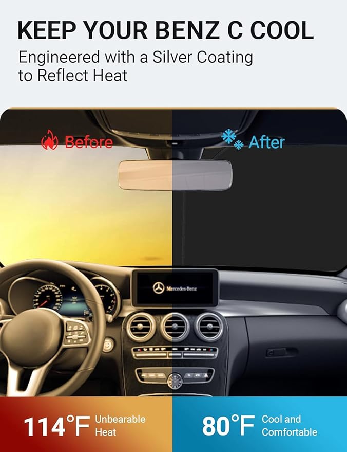 Proadsy Windshield Sun Shade for 2015-2021 Mercedes Benz C Class W205 C250 C300 C400, 4-Layer Foldable Sun Visor Protector Blocks UV Rays Heat Damage, Keep Interior Car Cooler Accessories