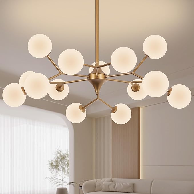 COCOSTAR Reddish Sand Gold Dining Room Chandelier, 15 Lights Modern Sputnik Chandelier for Kitchen Island Living Room Bedroom, Ceiling Light Fixture Over Table, G9 Base