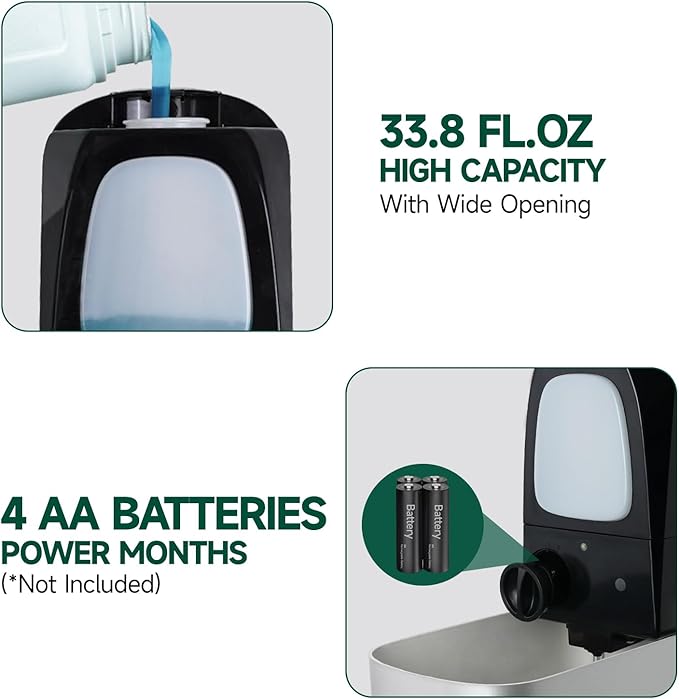 Commercial Automatic Soap Dispenser Large 34oz/1000ml Capacity Wall-Mounted Touchless Liquid Dispenser for High-Traffic Restrooms, Offices, Hospitals Model 1220S Silver