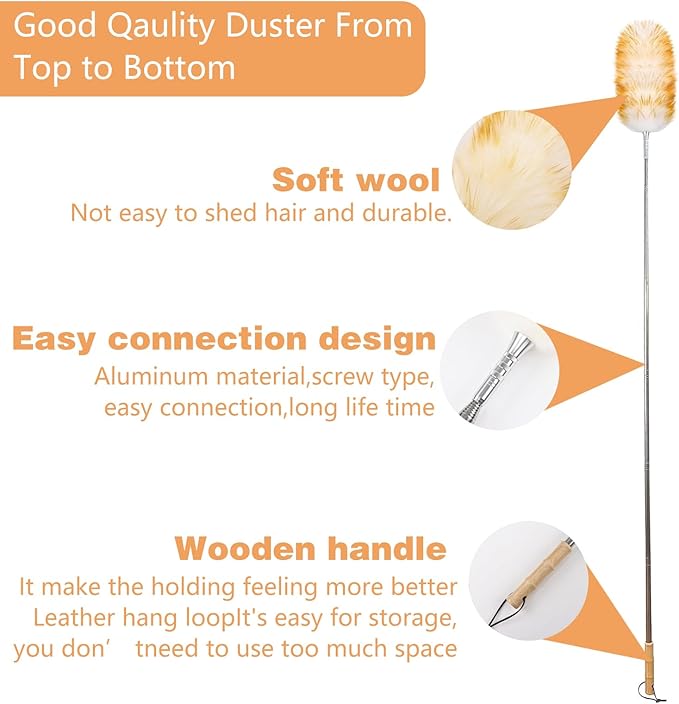 Lambswool Duster Extendable 31-88 Inch, Anti-Static Flexible Head, Stainless Steel Pole for High Ceilings, Fans, Interior & Roof Dusting - Yellow & White