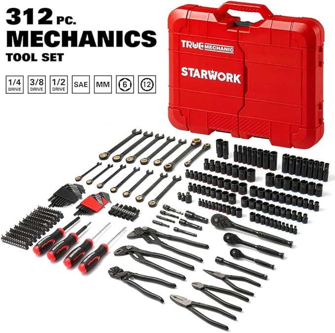STARWORK TRUE MECHANIC 312-Piece Mechanics Tool Set and Socket Set, Professional【Pliers Wrench 】 SAE/Metric