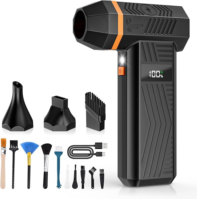 EVEAGE Compressed Air Duster, 180000RPM 4-Gear Adjustable Electric Air Duster with Display Screen & LED Light, 5000mAh Rechargeable Cordless Air Blower for Keyboard/PC/Car/Home Cleaning Reusable