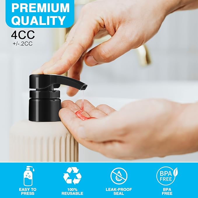 6 Pcs Black Shampoo Conditioner Pump Dispenser, Leak Proof for Body Wash, Gel, Shampoo Pumps fits 1 Liter/33.8 Oz Bottles