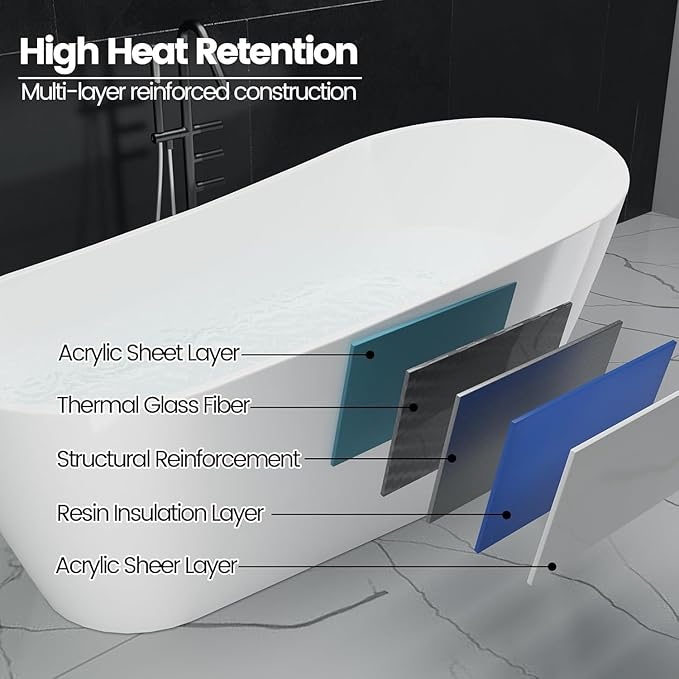 Acrylic Freestanding Bathtub 67 Inch Soaking Tub, Deep White Oval Pearl-Shape, Modern Stand Alone Bathtub with Non-Slip Base, Chrome Overflow & Pop-Up Drain, Easy Assembly, for Bathroom, Home, Spa