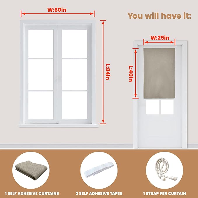 100% Blackout French Door Curtain,Adhesive, No Drilling Required,Small Curtains Designed for Installation On Doors (Light Coffee - W25 × L40 in)