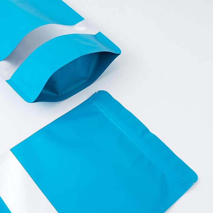 4CP 100 Pcs Blue Zipper Smell Proof Bags with Window, 6.3x9.5 Inch Stand Up Foil Pouches for Food Selfsealing Storage, Reusable Bag for Packaging Small Business, Cookies, Nunt, Candy