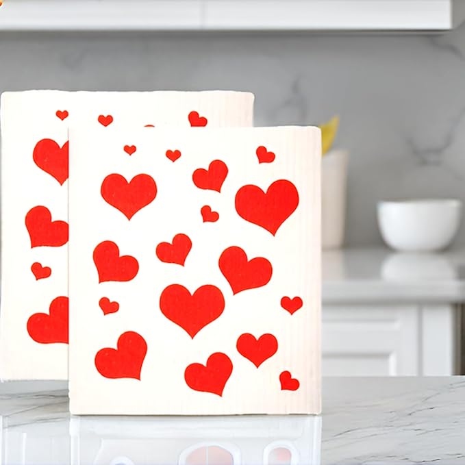 Swedish Dishcloths 2 Pack Red Flying Hearts Print Reusable Sponges Kitchen Cleaning Cloth Dish Scrubber, Machine Washable, Measures 7.87”x6.88 inches.