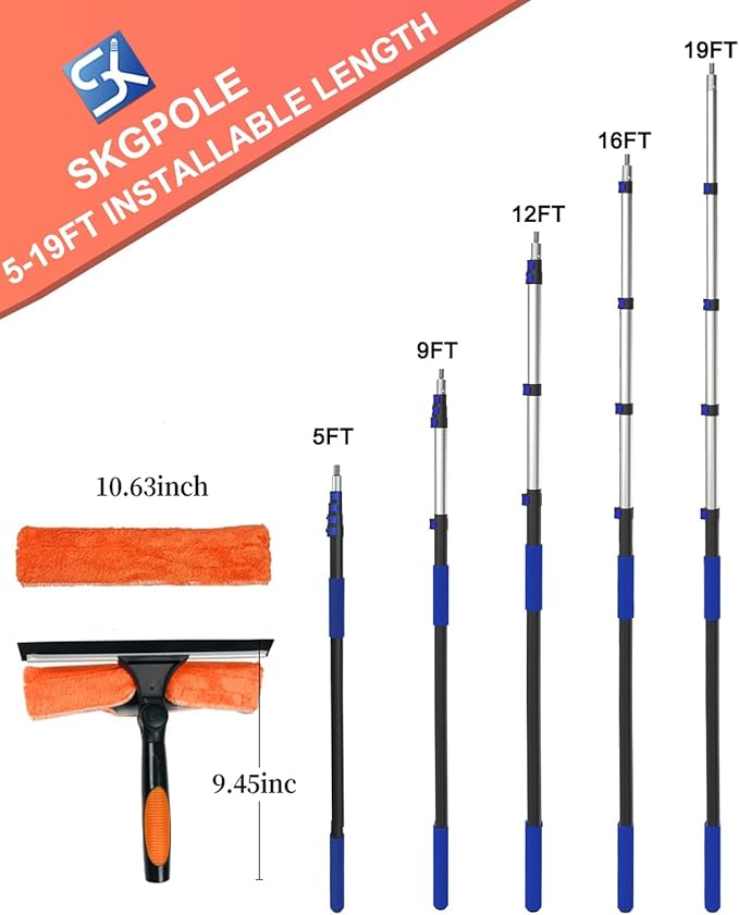 26FT Reach Window Squeegee for Window Cleaning Kit with 5-19 Foot Telescoping Extension Pole, 2 in 1 Window Squeegee, Cobweb Duster, Dust Kit Window Washing Kit for Car, Shower Glass Door