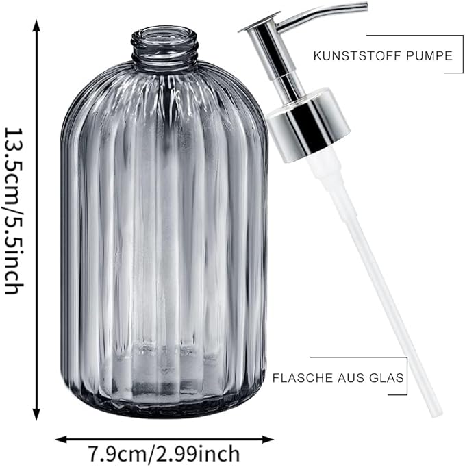 2 Pack Glass Soap Dispenser Bottle with Pump, 14 Oz Refillable Liquid Hand Jar Dispenser for Bathroom, Countertop, Kitchen, Laundry Room (Dark Grey)