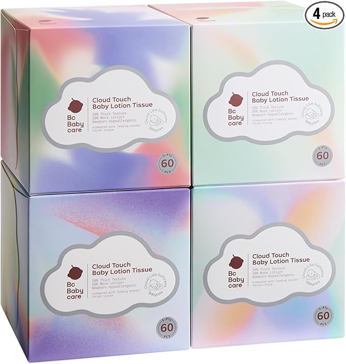 Bc Babycare Lotion Facial Tissues, Hypoallergenic, Plant-based Materials, Clean Gentle Baby Essentials, 60 Tissues Per Box, 5-Ply (60 Count (Pack of 4))