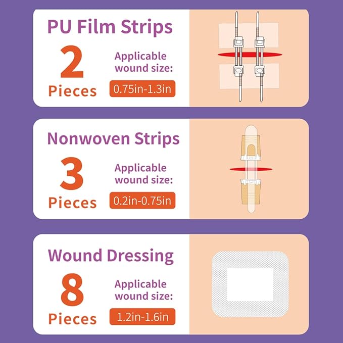 Zip Stitch 13 Pack Wound Closure Strip 3 Types Emergency Laceration Closure Kit Butterfly Bandages Adhesive Bandages Without Stitches for Outdoors
