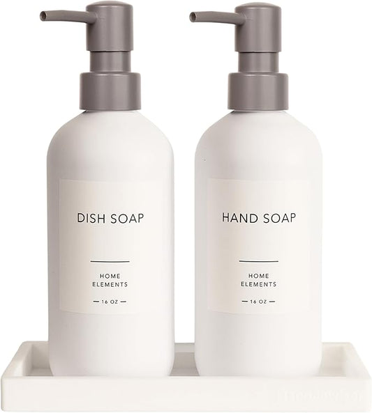 Plastic Soap Dispenser Set - PET Plastic Dish Soap Dispenser for Kitchen, Hand Soap Lotion Bottles with Pump Dispenser for Bathroom, Includes 8 Waterproof Labels, 16 oz, White Silicone Tray