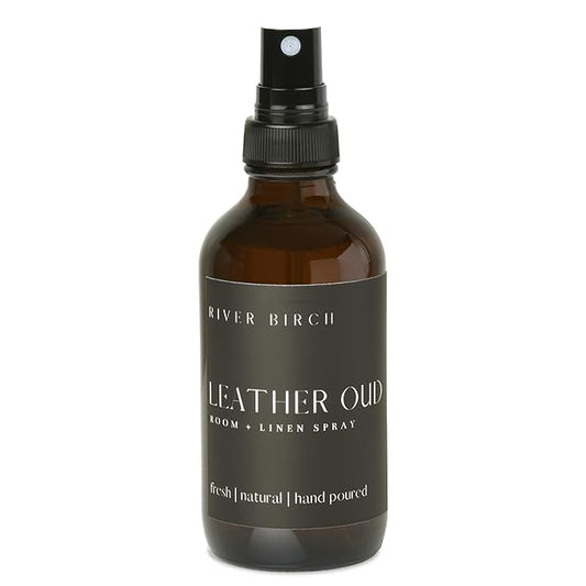 River Birch Luxury Linen and Room Spray - Leather Oud Home Signature Scent - Room Fragrance Spray - Fragrant Fresh Linen Air Freshener For Bedding - Handmade in Texas - 4 oz Glass Amber Bottle