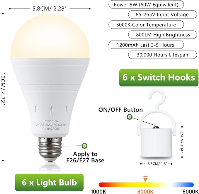 10 Pack Rechargeable Emergency Light Bulbs, Battery Powered Energy Efficient LED Light Bulb 3000K Warm E26 120 Volt 9W 60W Equivalent with 1200mAh for Home Power Outage Camping Hurricane