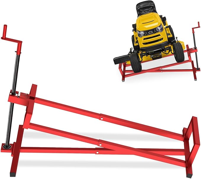 Lawn Mower Lift Jack, 880 lbs Capacity Lifting Jack for Garden Tractors, Riding Lawn Mower Maintenance Lift with Hand Crank and Power Extension Handle, Telescopic Maintenance Jack, Red