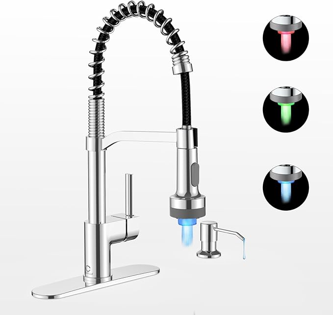 LED Kitchen Faucet with Soap Dispenser, Chrome Kitchen Faucet, Faucet for Kitchen Sink, Single Handle Stainless Steel Camper Farmhouse RV Sink Faucets with Pull Down Sprayer