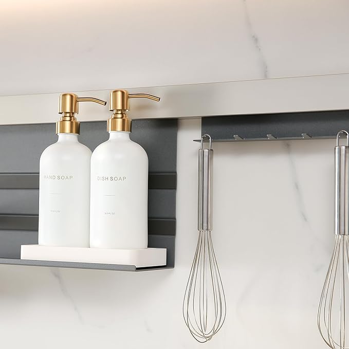 Gold Soap Dispenser Set, Glass Soap Dispenser with Stainless Steel Pump, Perfect for Modern Kitchen Counter Decor. (Gold)