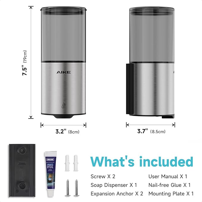 AIKE Automatic Soap Dispenser Wall Mounted for Kitchen and Bathroom, IPX7 Waterproof with Brushed Stainless Steel Finish 13.5fl.oz. for Liquid Soap
