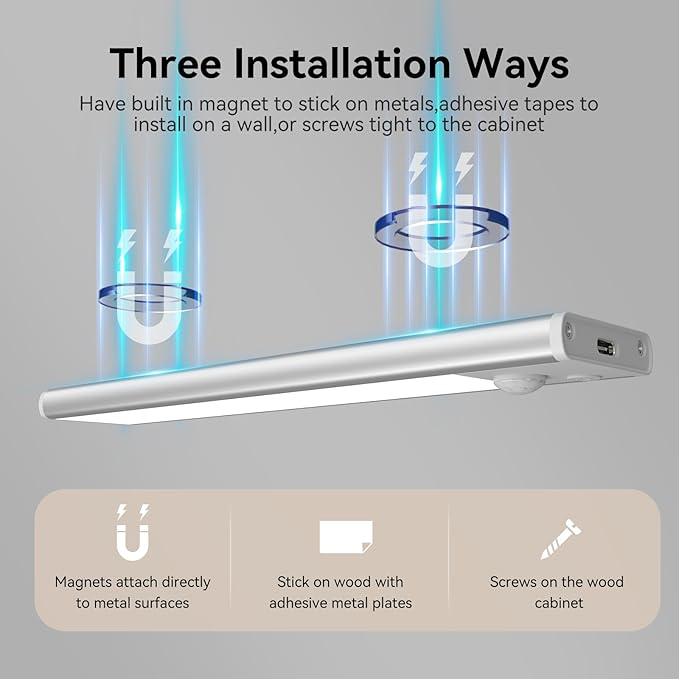 12inch Under Cabinet Lighting, 3 Color 2500mAh Magnetic Motion Activated Under Cabinet Lights, Rechargeable Closet Lights Battery Operated, Wireless Dimmable Under Counter Lights for Kitchen 2 Pack