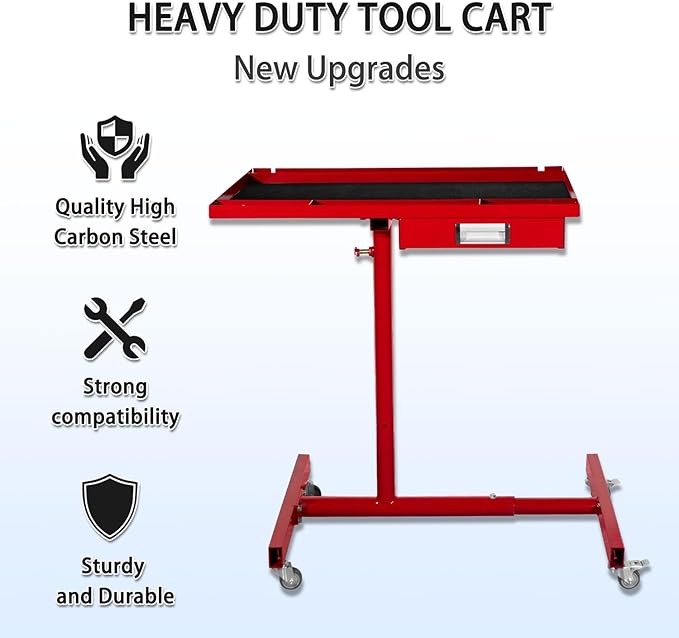 Mobile Tool Cart and Workbench, Adjustable Work Table with Wheels, Mechanic Rolling Heavy Duty Tool Tray Table for Garage Repair Shops