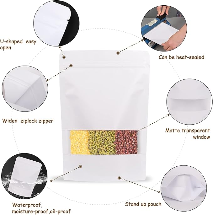 100pcs Kraft Bags with Window 7.1x10 Inches White Reusable Sealable Ziplock Food Storage Stand up Paper Pouches for Home or Business
