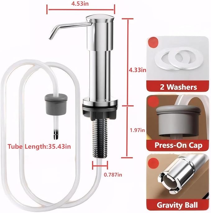 Dish Soap Dispenser for Kitchen Sink, Countertop Sink Soap Dispenser Water Pump with No-Spill Extension Tube Kit Design for Kitchen Bathroom, No Need to Fill Little Bottle Again(Sliver)