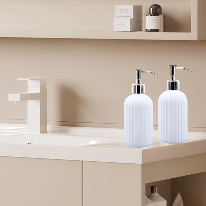 2 Pack Glass Soap Dispenser Bottle with Pump, 14 Oz Refillable Liquid Hand Jar Dispenser for Bathroom, Countertop, Kitchen, Laundry Room (White)