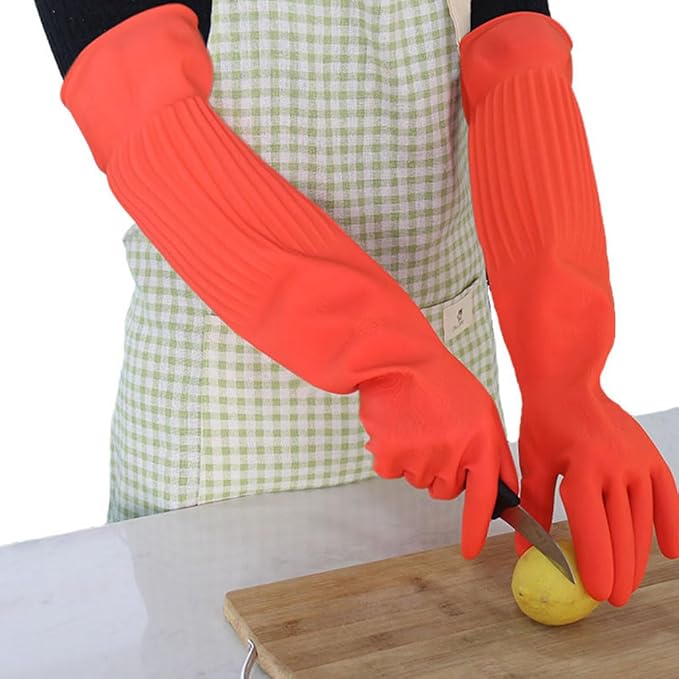 Household Dishwashing Cleaning Rubber Gloves 2 Pairs, Reusable Waterproof Kitchen Gloves Non-Slip Cleaning Gloves