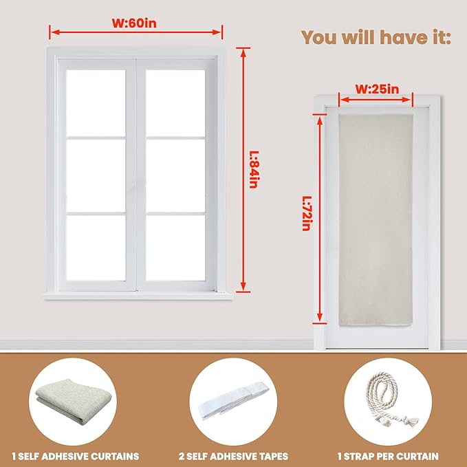 100% Blackout French Door Curtain,Adhesive, No Drilling Required,Small Curtains Designed for Installation On Doors (Light Beige - W25 × L72 in)