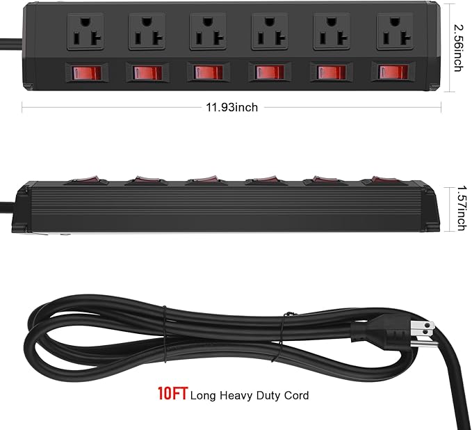 CCCEI Metal Power Strip Individual Switches 6 Outlets, Heavy Duty Power Strip 20Amp Surge Protector for Appliances, 10FT Extension Cord Strip, 1200J Surge Protector 20A 125V 2500W.