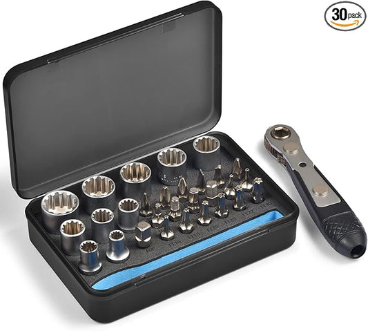 30in1 S2 Steel Mini Ratchet Wrench Screwdriver Bit Set with Universal Sockets, 36-Teeth Gear, Magnetic Bit Holder, 90 Degree Drive Handle