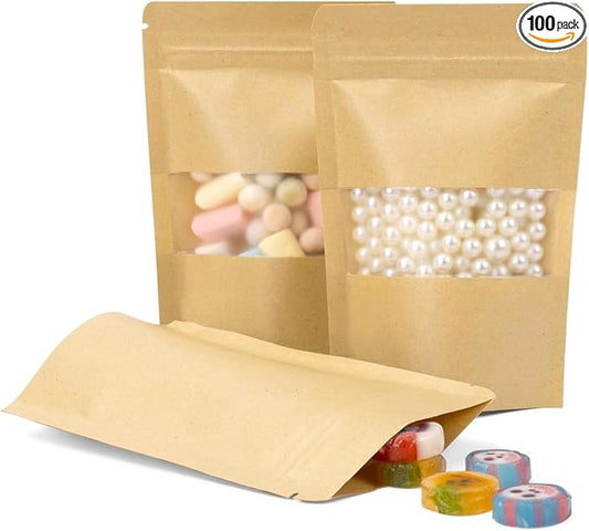 100 Pcs Kraft Paper Bags with Window, 3.5" x 5.54" Stand Up Pouches Bags, Food Storage Bags for Packaging Products, Reusable, Sealable
