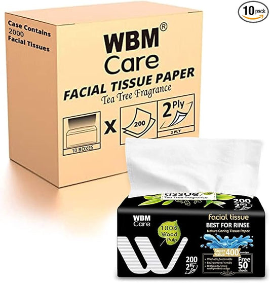 WBM Care Professional Facial Tissue with Tea Tree Fragrance, Pack of 10 Boxes per Case, 200 Sheets per Box, for a Total of 2,000 Soft and Refreshing Tissues