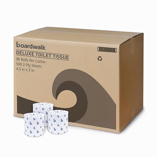 Boardwalk 2-Ply Bulk Toilet Paper Rolls for Professional and Commercial Use | 125 Feet Septic Safe Single Roll Toilet Paper Rolls | 500 White 4.5" x 3" Sheets per Roll | 96 Count per Box