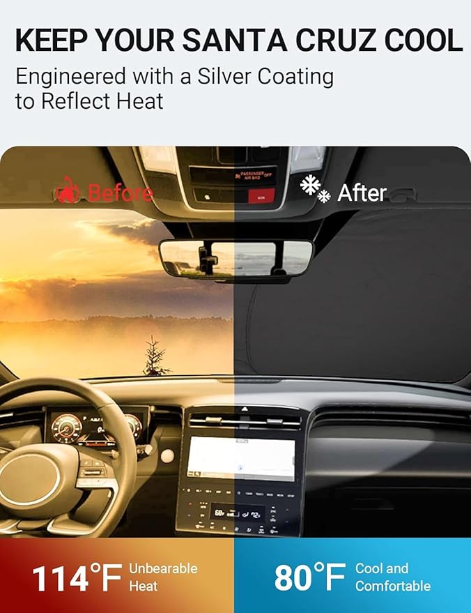 Proadsy 2025 Upgrade Windshield Sun Shade Custom Fit Hyundai Santa Cruz 2022-2024 2025 4-Layer Foldable Front Sunshade Protector Sun Visor Blocks UV Rays Keep Car Cooler