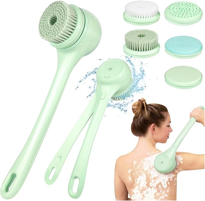 Rechargeable Electric Body & Back Scrubber Brush – Waterproof Spinning Bath Brush with Dual Long Handles & 5 Replaceable Heads for Deep Cleansing, Exfoliating & Massage